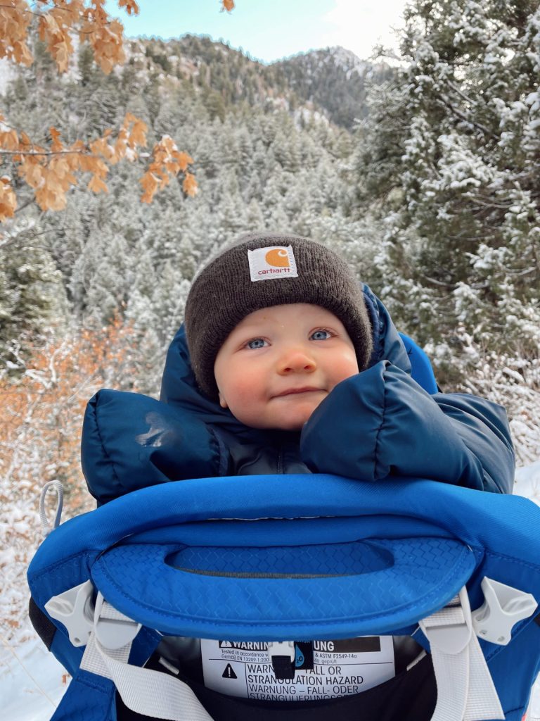 Baby in the child carrier on a snowy, winter hike