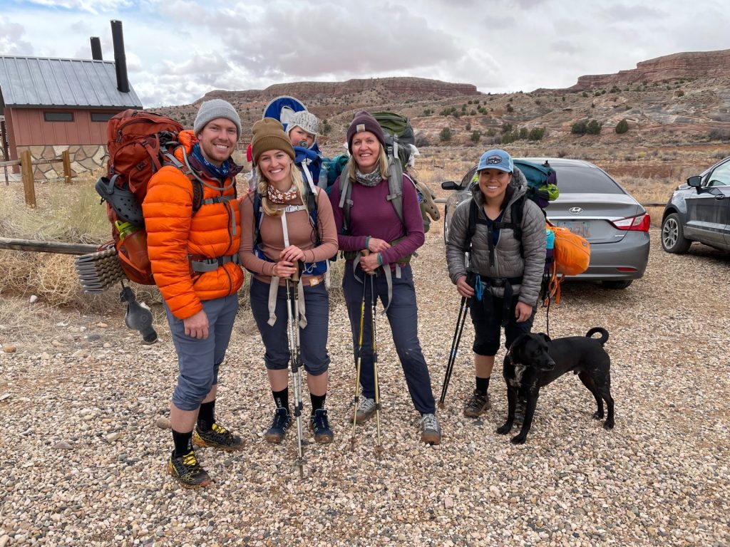 Hailey and 3 of her friends plus a dog after they finished a backpacking trip